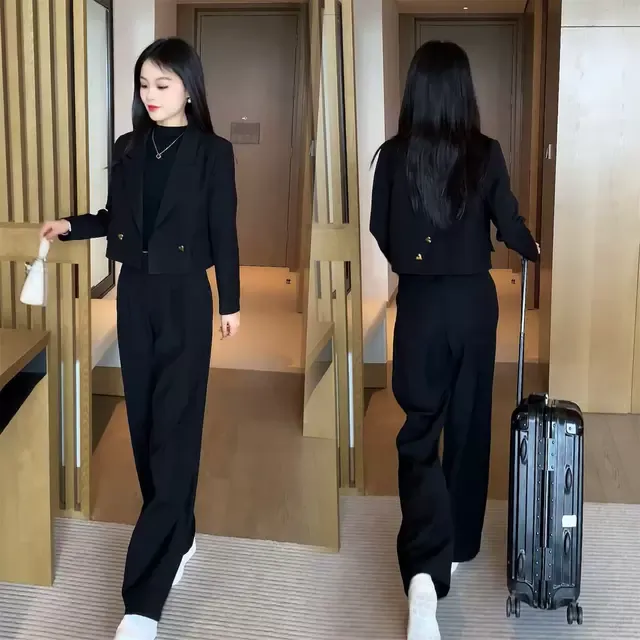 时尚西装套装女2025春秋季新款小个子洋气减龄黑色休闲西服两件套