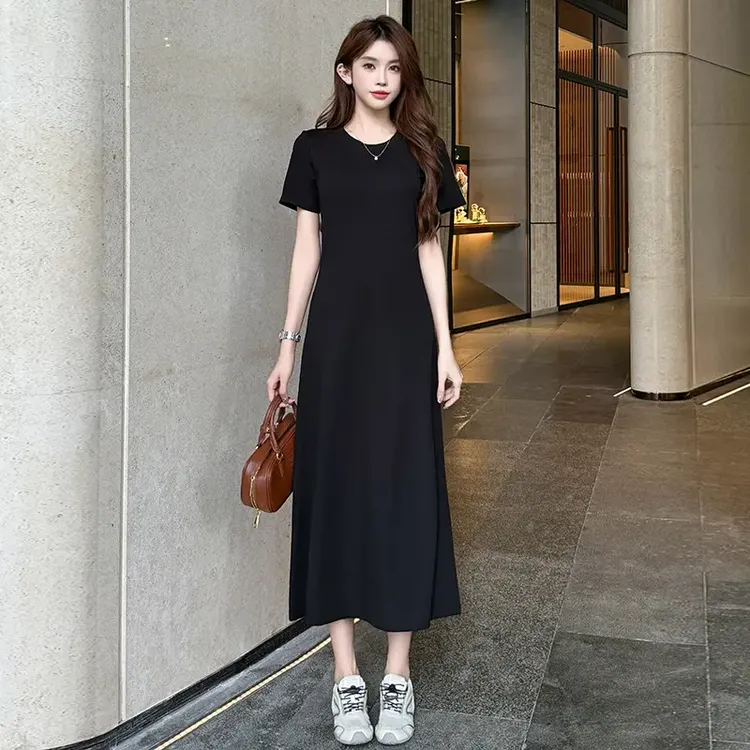老钱风女装2025年新款韩版时尚休闲显瘦长款打底裙短袖黑色连衣裙