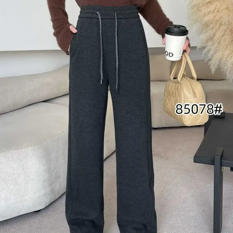 秋冬加绒高腰垂感阔腿裤女小个子显瘦慵懒风休闲直筒裤