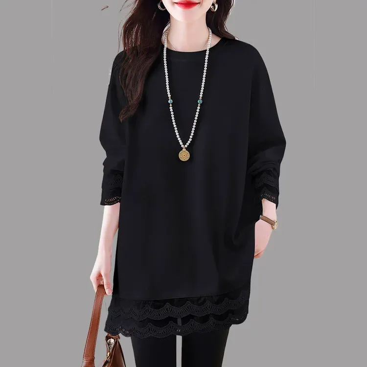 中长款蕾丝边打底衫女士2025秋季高级感宽松显瘦休闲大码内搭上衣