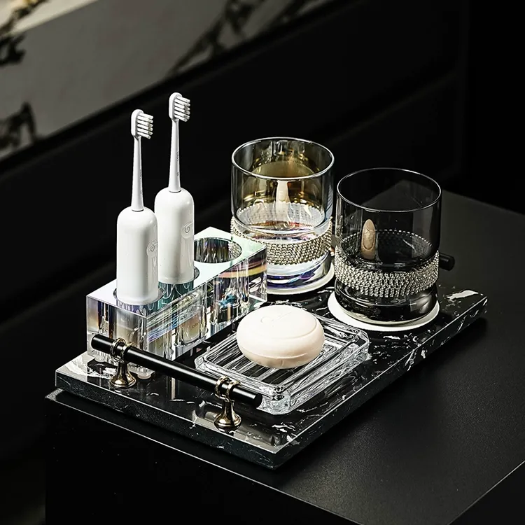 轻奢水晶玻璃电动牙刷置物架卫生间高端漱口杯套装高档大理石托盘