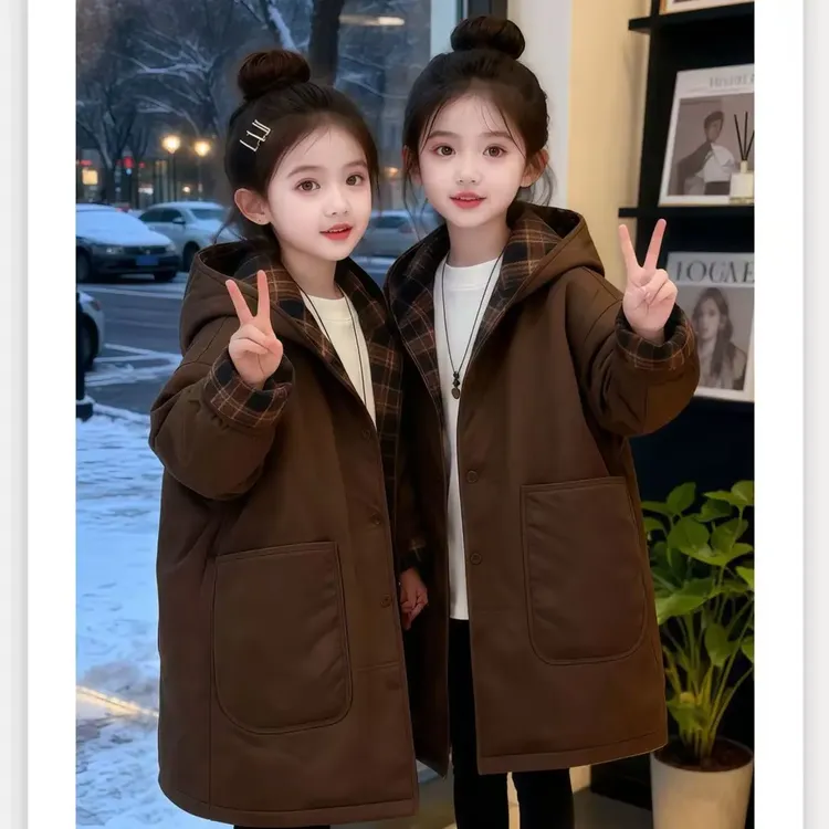 女童中大童秋冬款洋气韩版中长款连帽双面穿加厚外套