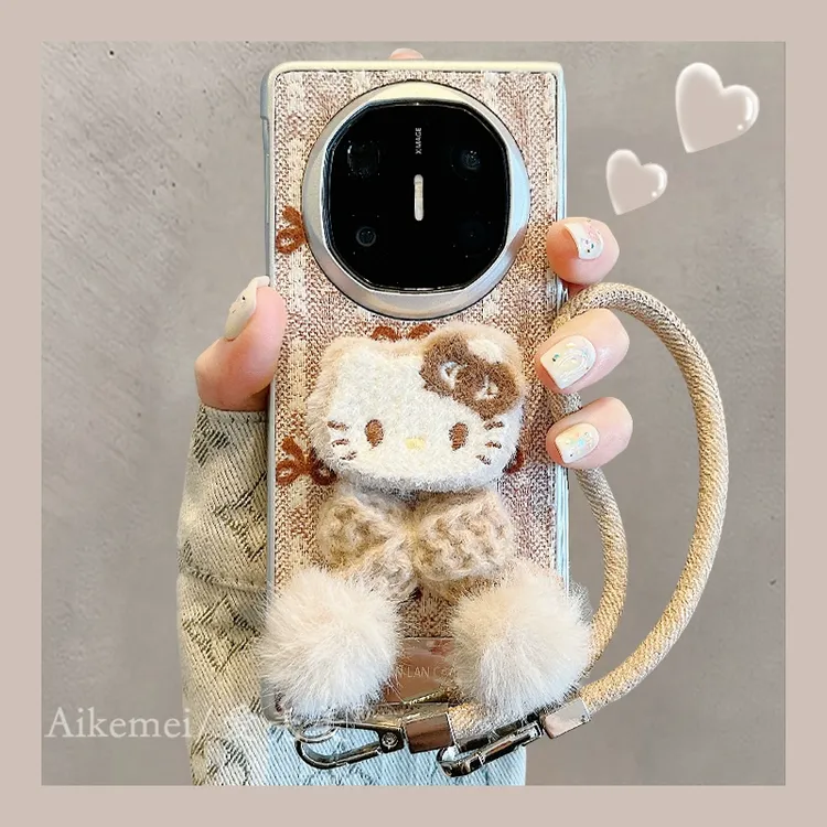 适用华为mateX6折叠屏手机壳matex5典藏版绒布毛绒kitty猫matex3