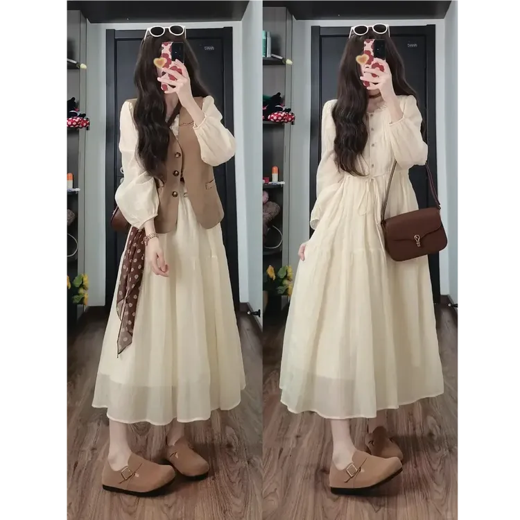 春装搭配一整套2025新款马甲外套连衣裙子韩系独特绝美叠穿套装女