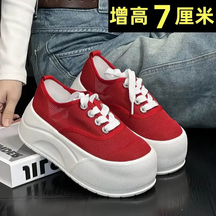 欧货网纱透气系带松糕厚底面包鞋女2025新款小个子增高休闲小白鞋