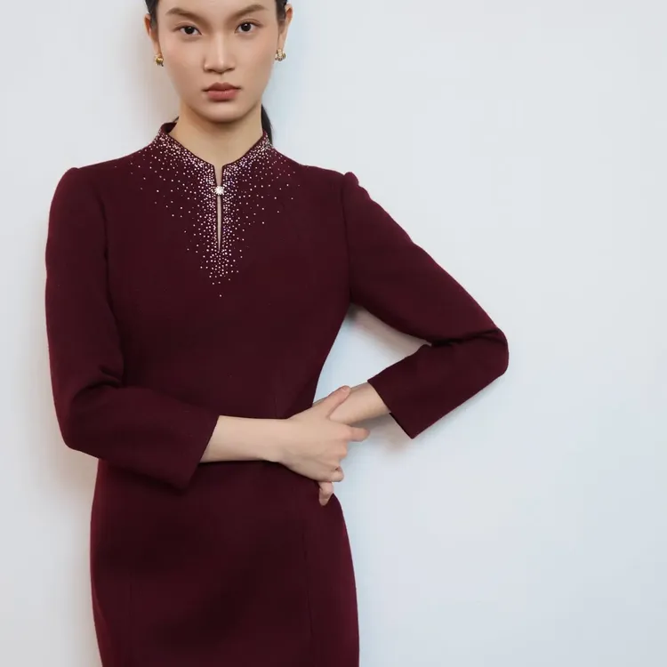 171186包臀修身显瘦气质纯色长袖立领长裙连衣裙秋冬