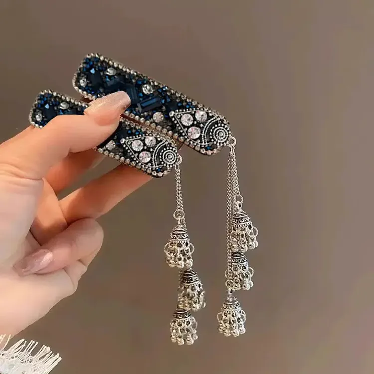 蓝色纯手工铃铛流苏发夹女复古刘海侧边夹民族风发卡气质BB夹头饰