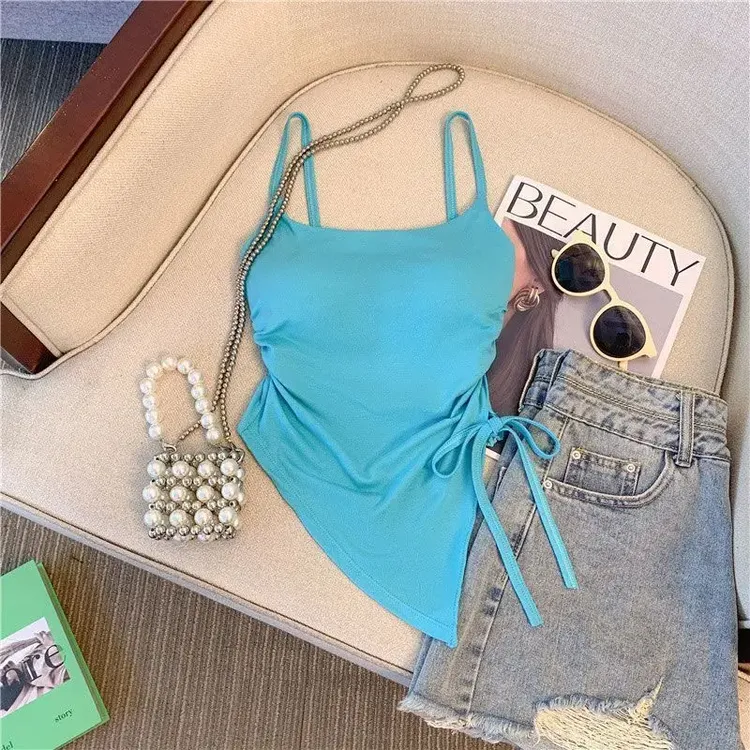 多巴胺美式短款蓝色不规则带胸垫吊带背心女夏外穿内搭甜辣小上衣