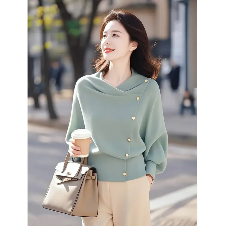 4390春装新款小众不撞款韩系设计感洋气独特别致绿色针织衫上衣女
