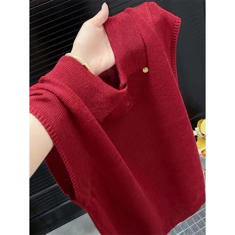 韩系高级时尚百搭宽松显白显瘦红色上衣女2025夏季翻领无袖针织衫