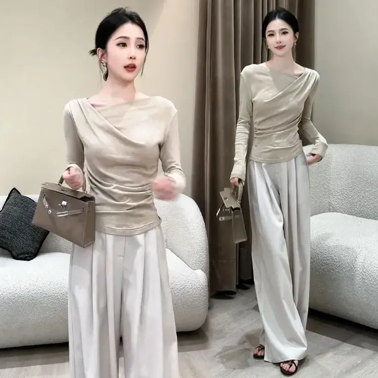 时尚套装女2025秋季新款洋气质慵懒风设计感斜领上衣阔腿裤两件套