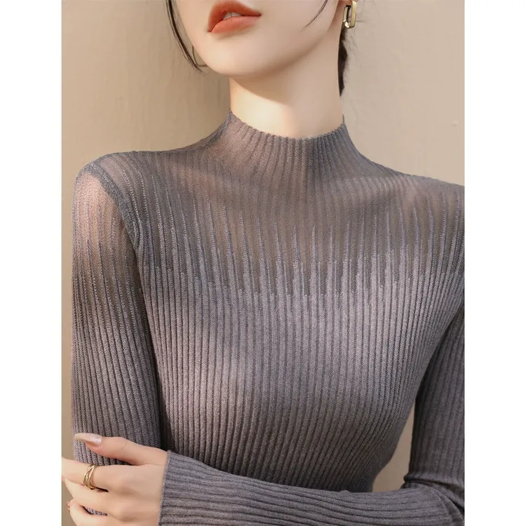 洋气2025年网纱设计半高领长袖上衣女秋冬新款套头打底内搭针织衫