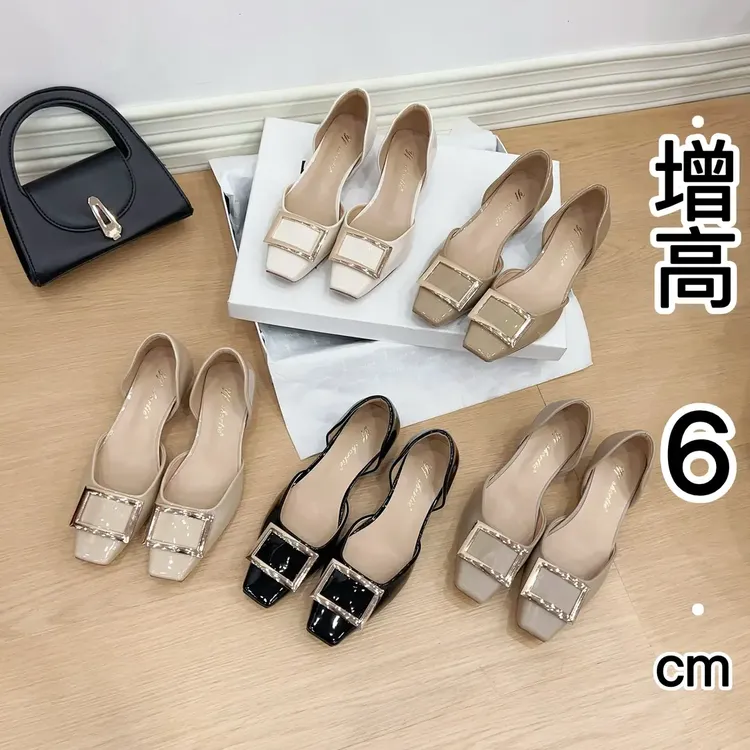 增高6CM经典四季款RV方扣中空单鞋女25新款气质方头漆皮凉鞋外穿