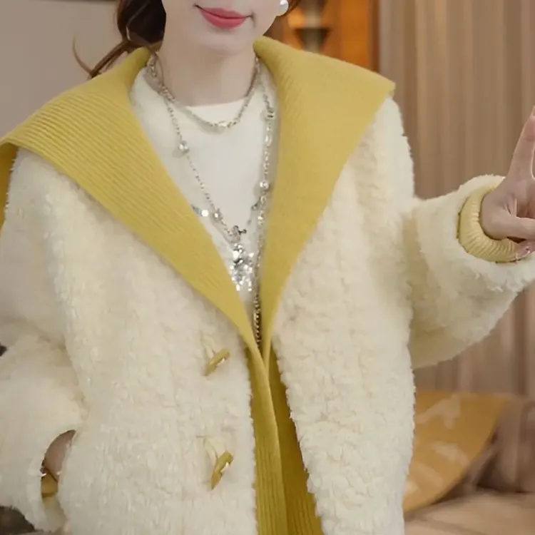 2025冬装新款时尚撞色针织拼接海军领加厚毛毛皮毛新款潮牌女装