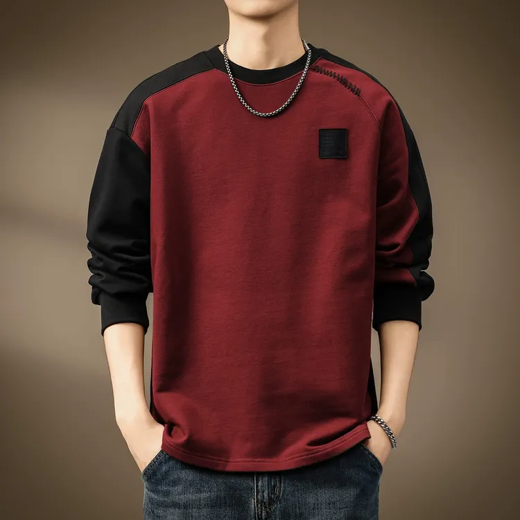 高端420克重磅拼接插肩长袖T恤男士春秋撞色宽松休闲酒红色上衣男