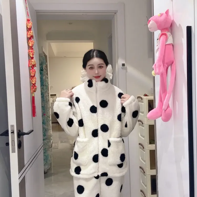 女士印花加绒加厚保暖秋冬家居服睡衣
