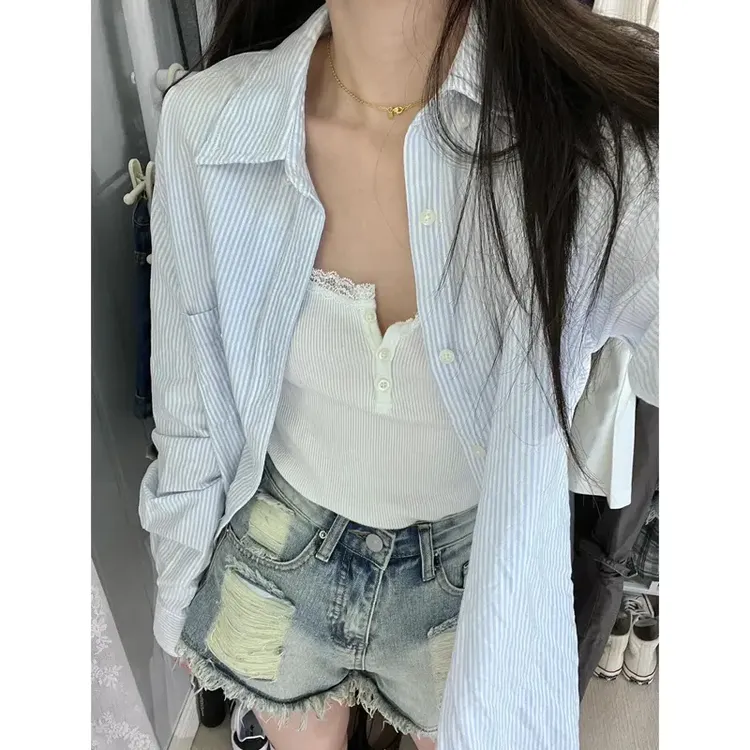 慵懒风蓝色条纹衬衫男春秋款cleanfit内搭长袖衬衣情侣装休闲外套