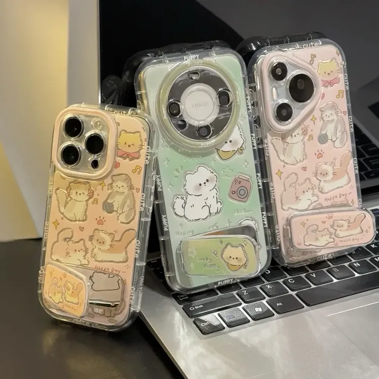 适用卡通多只小猫镜子支架苹果17promax/16pro手机壳华为vivo小米