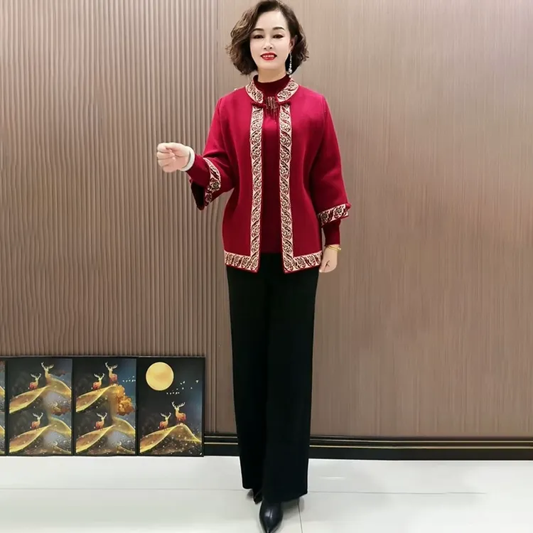 10105妈妈装秋冬针织毛衣开衫新款外套中老年秋冬唐装上衣两件套