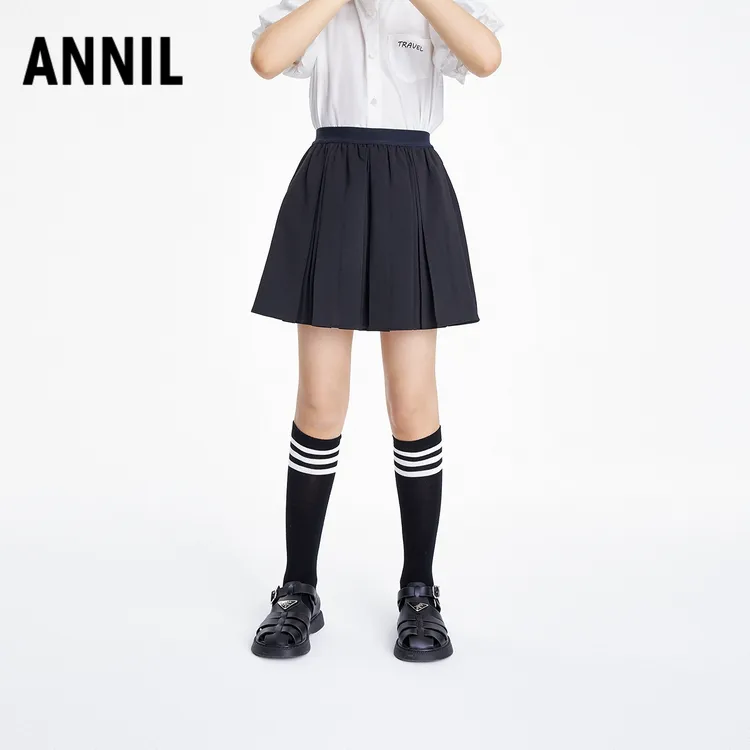 安奈儿童装女童短裙2025夏新款学院风内衬安全裤校服裙EG523043