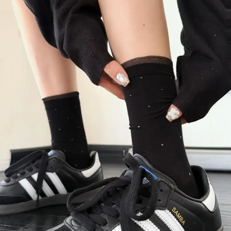 灰色圆点袜子女中筒袜夏季薄花边波点少女芭蕾风长堆堆袜