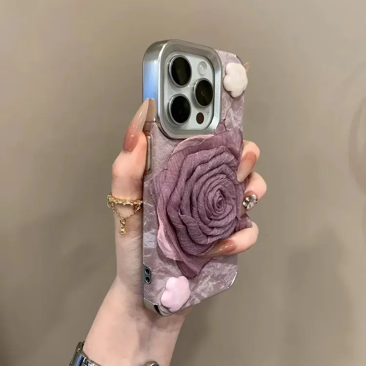 电镀雪山纹羽纱玫瑰适用iPhone16promax手机壳15pro简约14防摔13