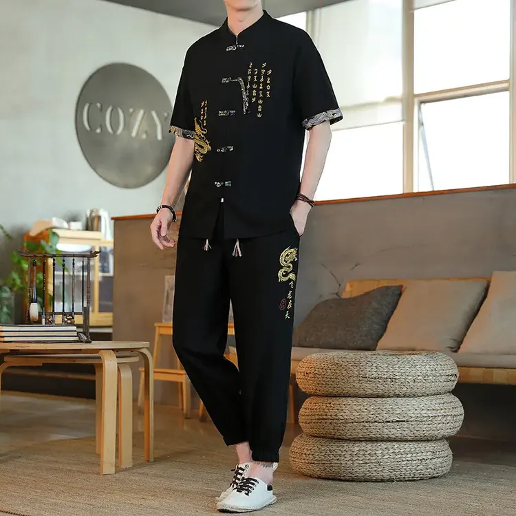 夏季薄款男士短袖T恤中国风套装国潮复古中式盘扣开衫唐装两件套