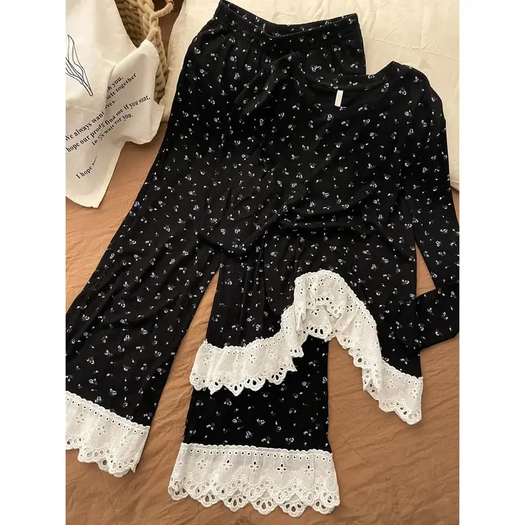 甜美碎花不规则设计感日系长袖睡衣女春秋新款休闲舒适家居服套装