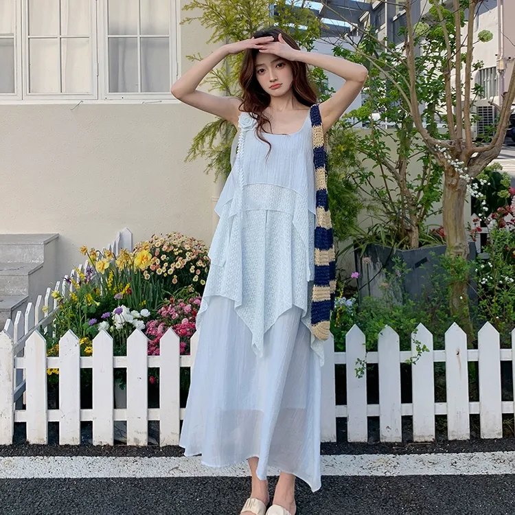 现货2025夏季新款层次感仙女裙蓝色气质连衣裙