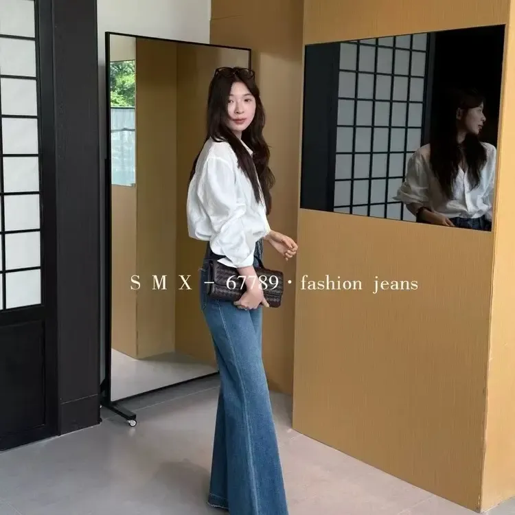 67789牛仔裤女秋款高腰蓝色阔腿裤四面弹筒喇裤直筒长裤