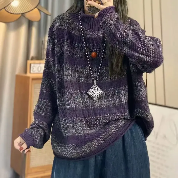 高领针织毛针织衫冬季季休闲条纹针织衫毛衣时尚秋冬打底衫