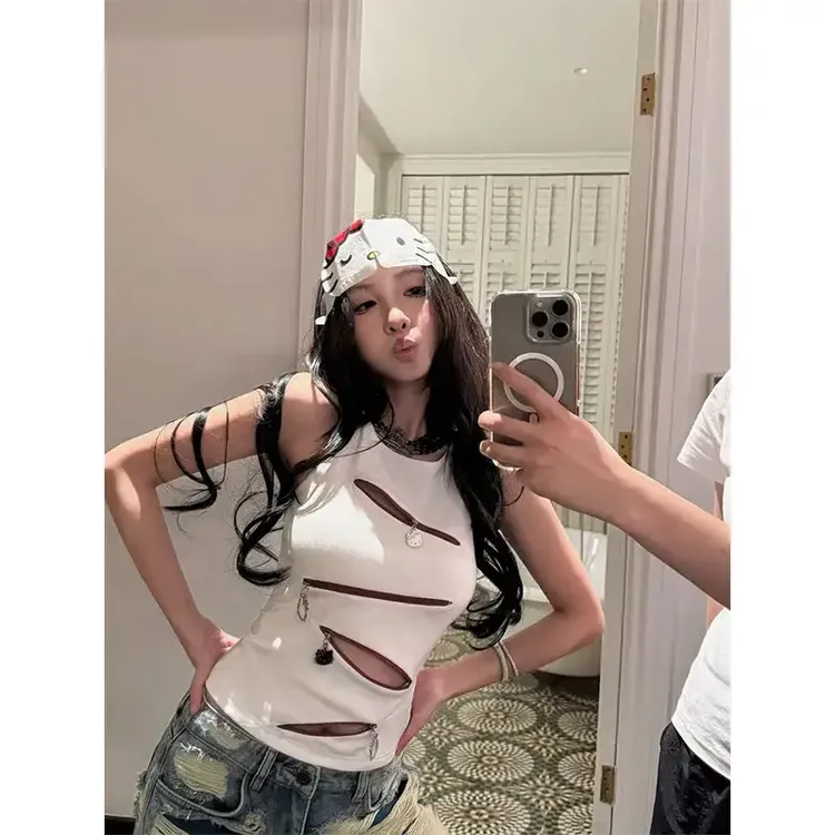 无袖上衣女设计感不规则拉链拼接吊带背心修身辣妹独特漂亮小衫