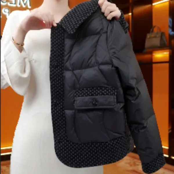 小香风洋气针织拼接短款棉服外套女2025冬季新款加厚保暖翻领棉衣