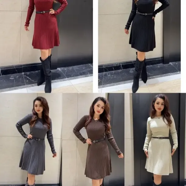 圆领长袖针织修身女士秋冬中长款气质百搭连衣裙