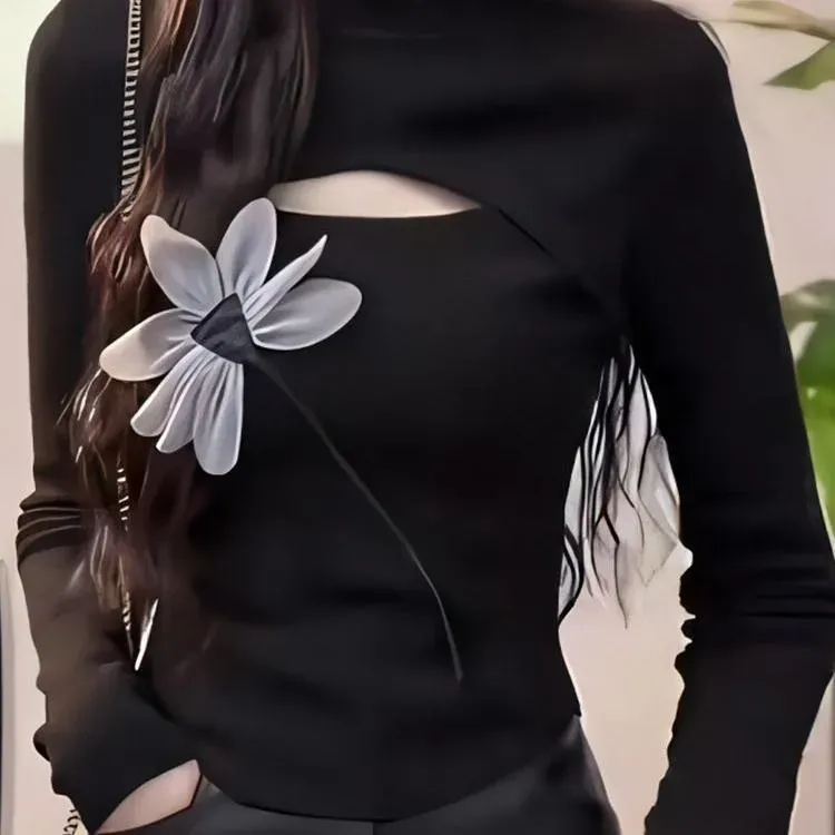 黑色立体花朵镂空长袖女德绒秋冬季新款保暖修身显瘦打底上衣ins