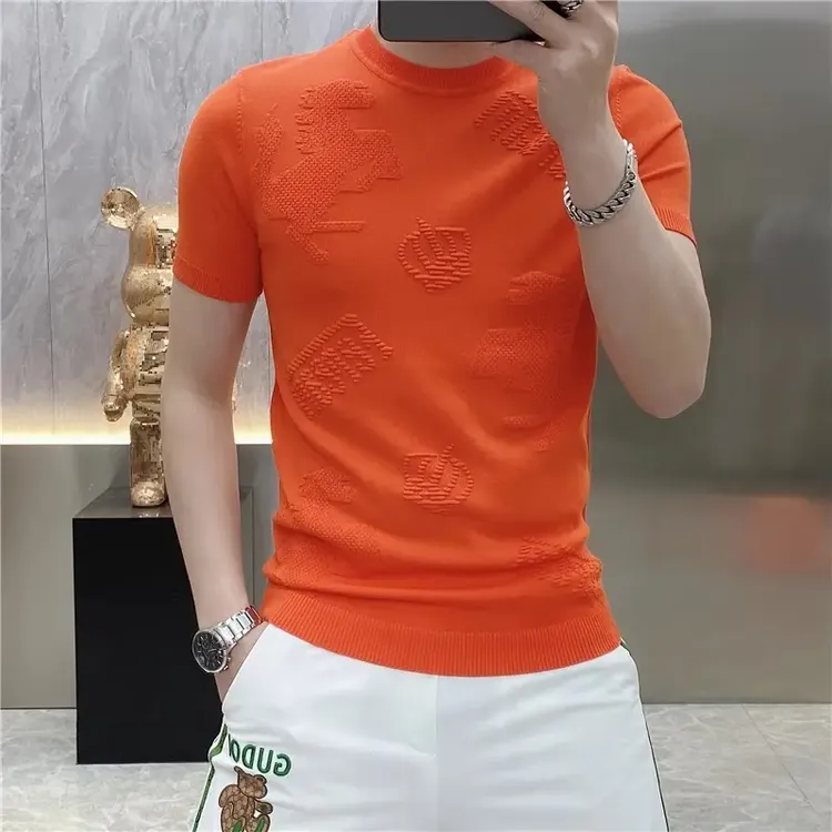 2025欧货轻奢男士针织冰丝短袖T恤纯色时尚百搭夏季半袖上衣25232