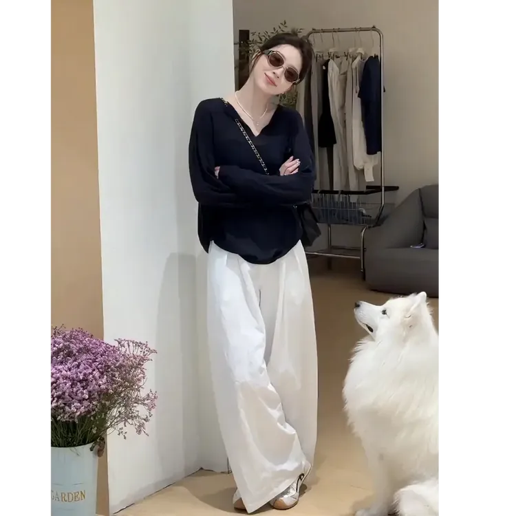 大码胖mm别致V领长袖T恤女秋季休闲裤新款洋气百搭气质时尚套装