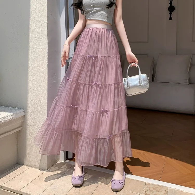 公主蓬蓬蛋糕裙纱裙女夏新款甜美蝴蝶结垂坠感半身裙a字雪纺伞裙