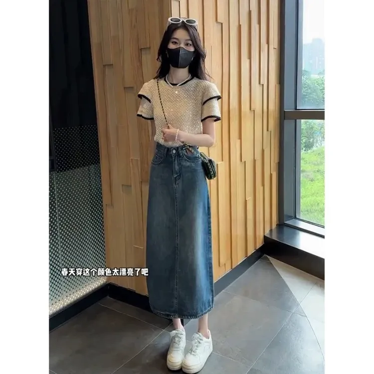 夏装搭配一整套轻奢高级感炸街减龄漂亮时尚牛仔半身裙两件套装女