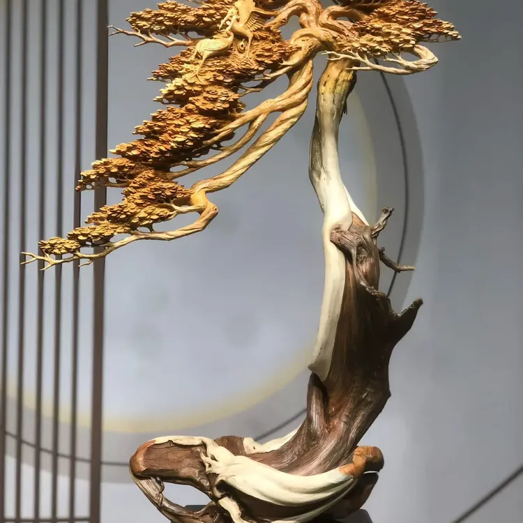 根雕迎客松摆件纯手工雕刻高档创意适合书房玄关摆设中式室内卧室