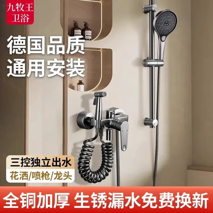 高品质德国淋浴花洒套装家用浴室全铜简易分体式增压淋浴器带喷枪