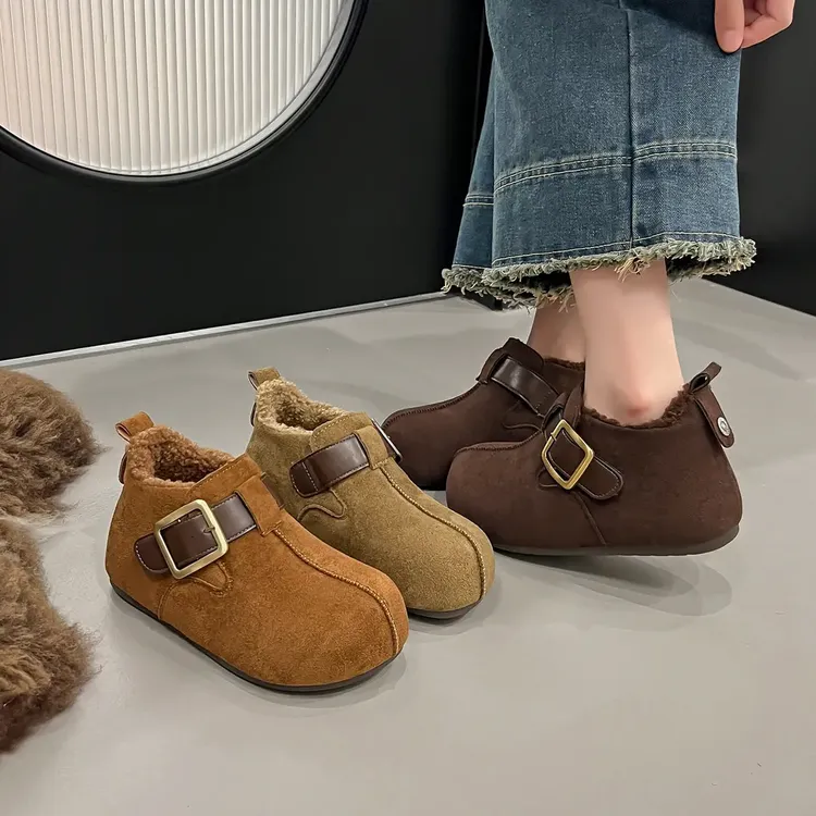 5CM~2025冬新款磨砂真皮大头勃肯短靴女休闲加绒保暖厚底懒人鞋