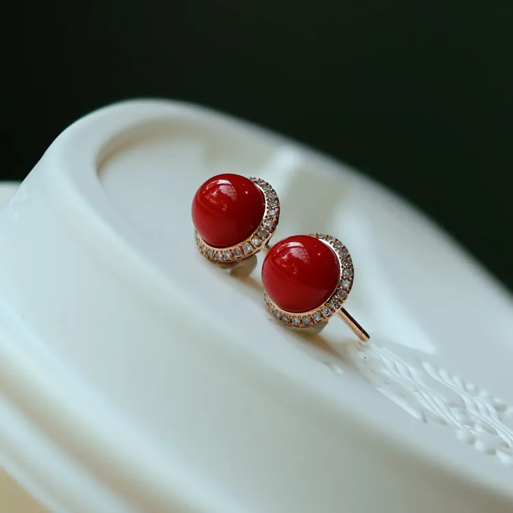 日本阿卡珊瑚耳钉红色独特珍珠精致气质耳环新款爆款喜庆