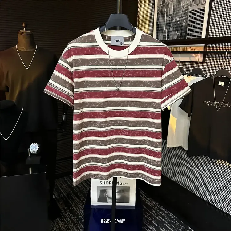 【轻奢】夏季扎染撞色极简条纹设计百搭休闲风微阔棉短袖T恤情侣