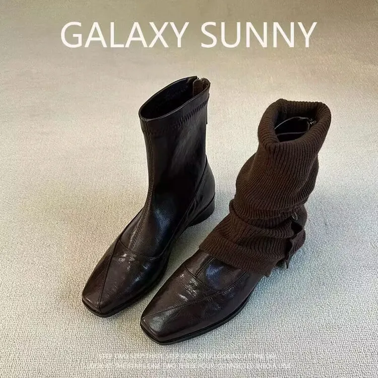 气质简约方头粗跟3.5cm瘦瘦靴时尚复古英伦百搭后拉链短筒靴女