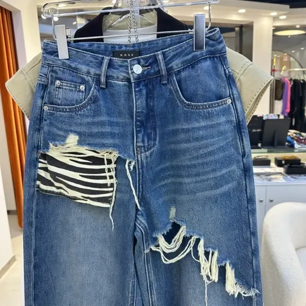 KASE私服秋季新款拼接阔腿直筒显瘦欧货牛仔裤