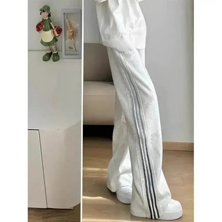 白花灰渐变条纹裤子男春季三条杠休闲裤oversize潮流直筒阔腿裤