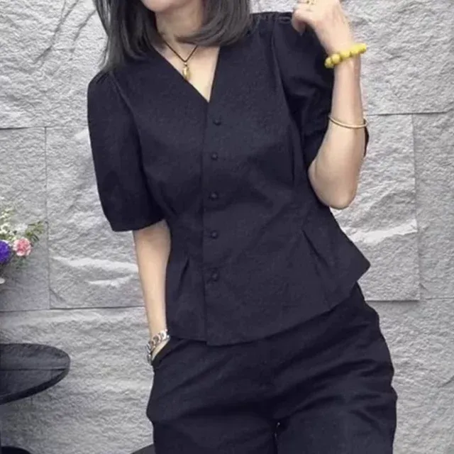 断码哥弟阿玛施正品v领黑色衬衫女夏季2025新款时尚显瘦减龄收腰