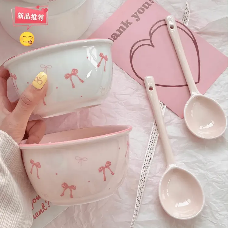 【碗勺套装】粉色蝴蝶结陶瓷碗釉下彩家用粉嫩甜品碗可微波情侣B482