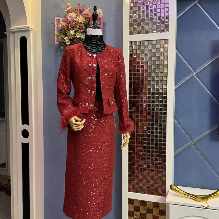 时尚小香风带亮片修身显瘦外套搭配半身裙套装